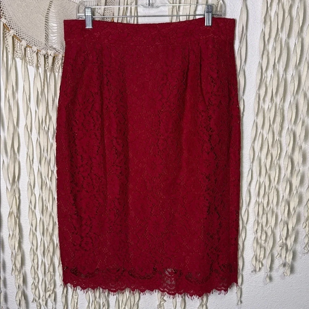 J. Crew Red Lace Pintuck Below Knee Pencil Skirt size 14